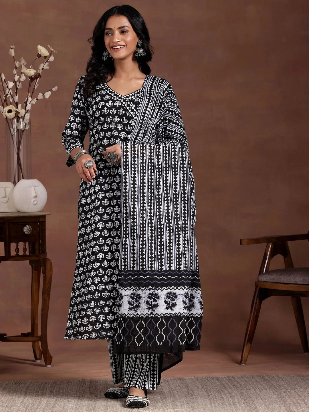  Black Printed Cotton Straight Suit With Dupatta 