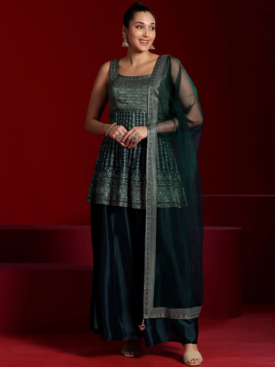  Libas Art Blue Embroidered Silk Blend A-Line Kurta With Palazzos & Dupatta 