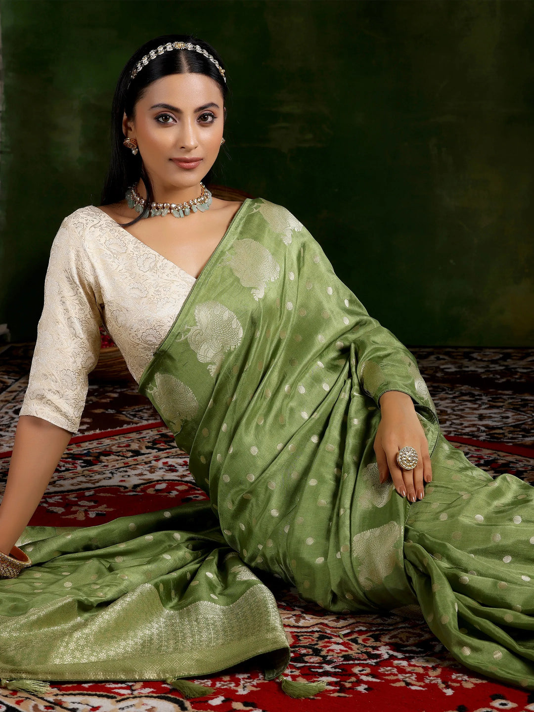  Green Woven Design Silk Blend Saree With Unstitched Blouse Piece 
