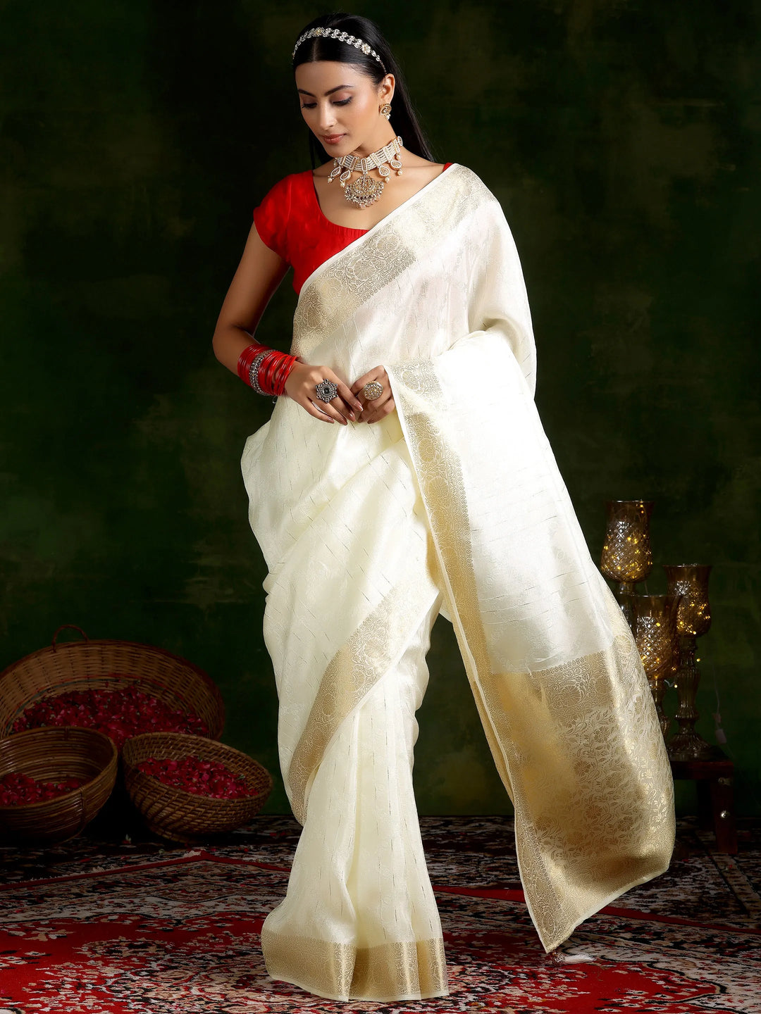  Off White Woven Design Silk Blend Saree With Unstitched Blouse Piece 