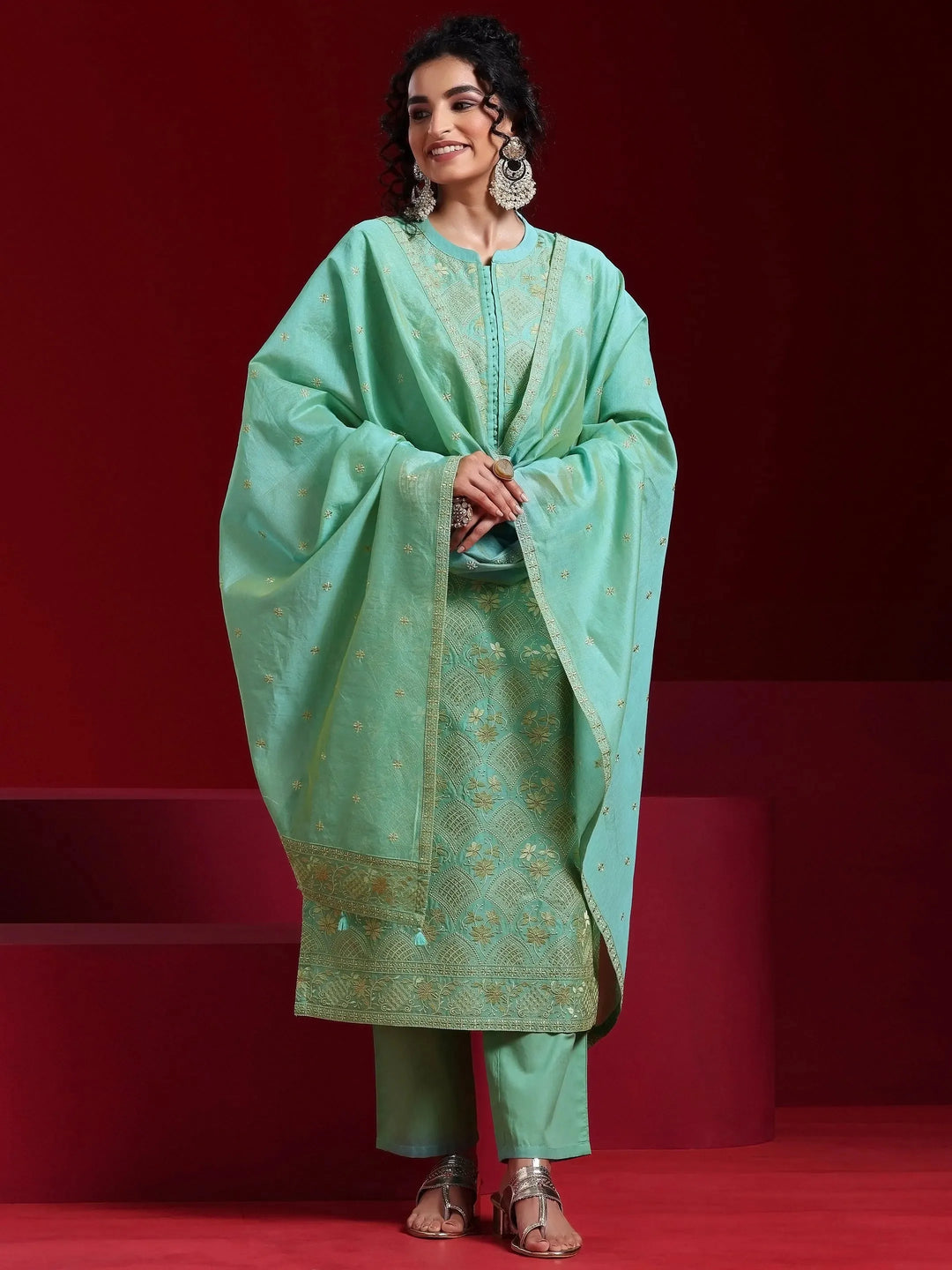  Libas Art Green Embroidered Chanderi Silk Straight Suit With Dupatta 