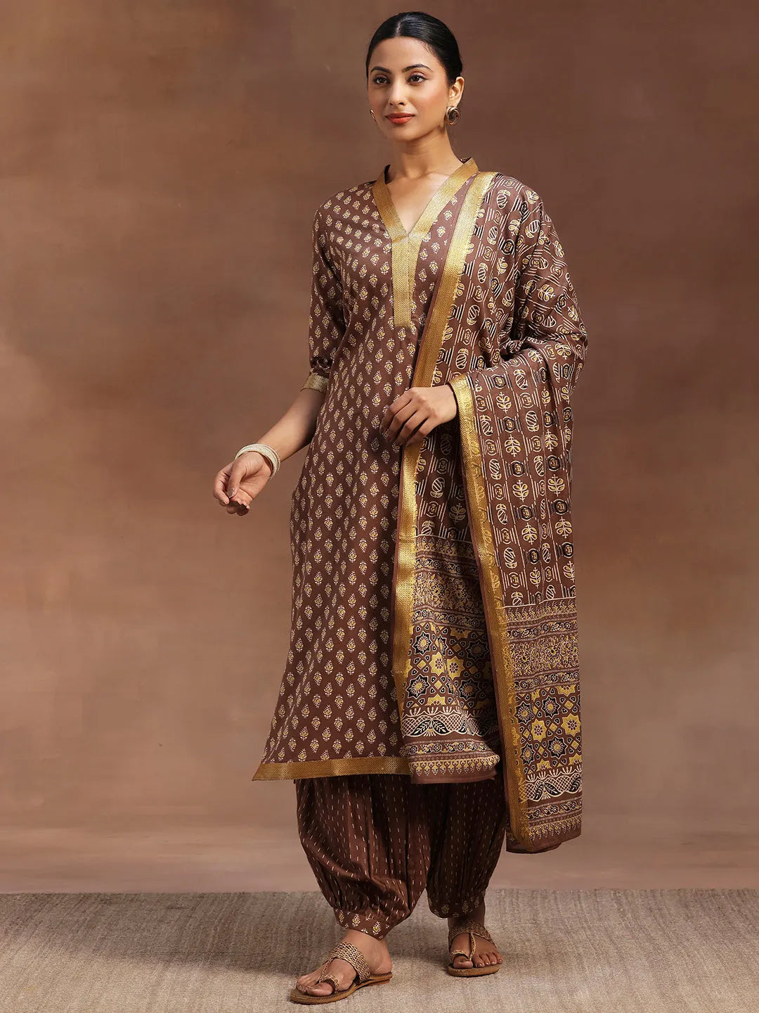  Brown Printed Cotton Straight Suit With Dupatta 