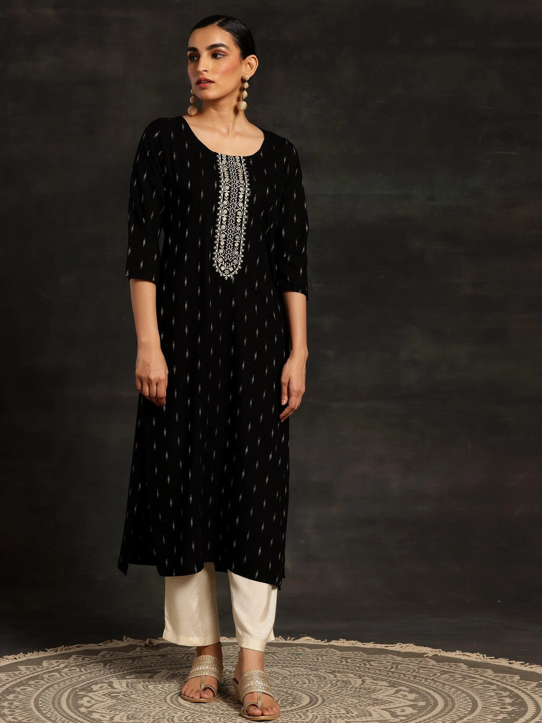 Black Yoke Design Cotton Straight Kurta - Libas