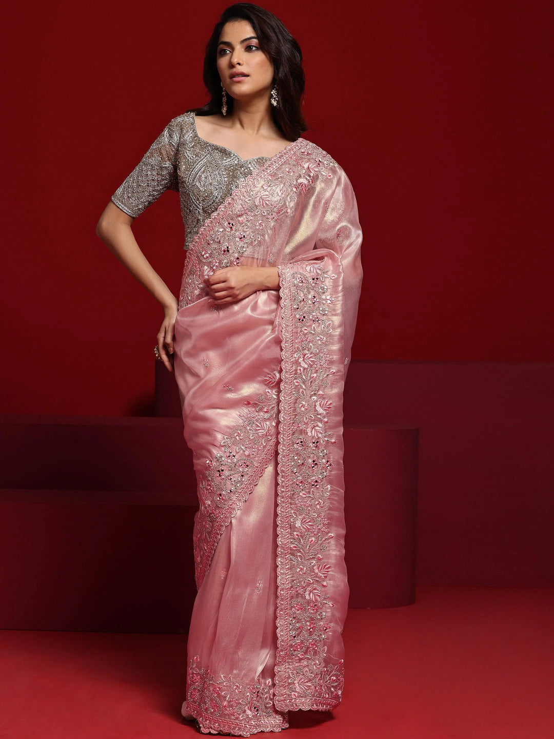 Libas Art Pink Embroidered Silk Blend Saree With Unstitched Blouse Piece - Libas 