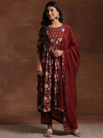 Maroon Printed Pure Cotton Anarkali Suit With Dupatta