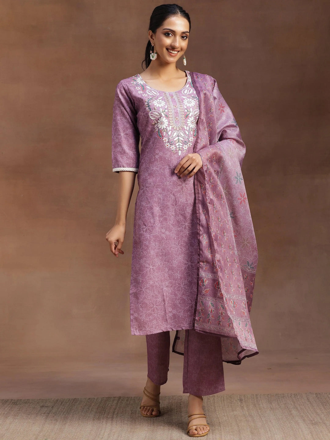 Mauve Yoke Design Cotton Straight Suit With Dupatta - Libas 
