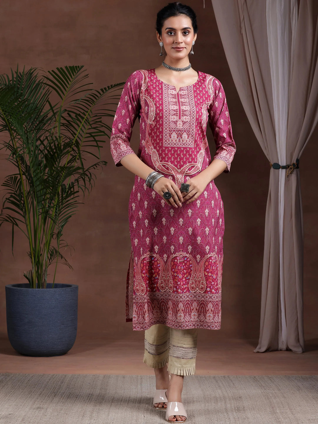  Rust Printed Crepe Straight Kurta 