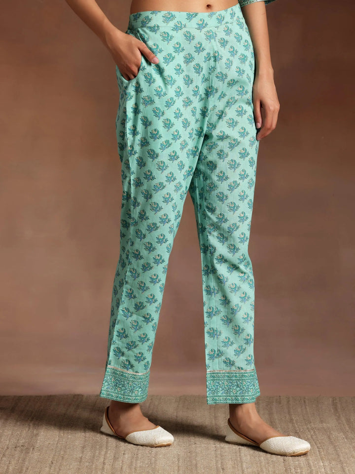 Turquoise Printed Cotton A-Line Kurta With Palazzos & Dupatta - Libas