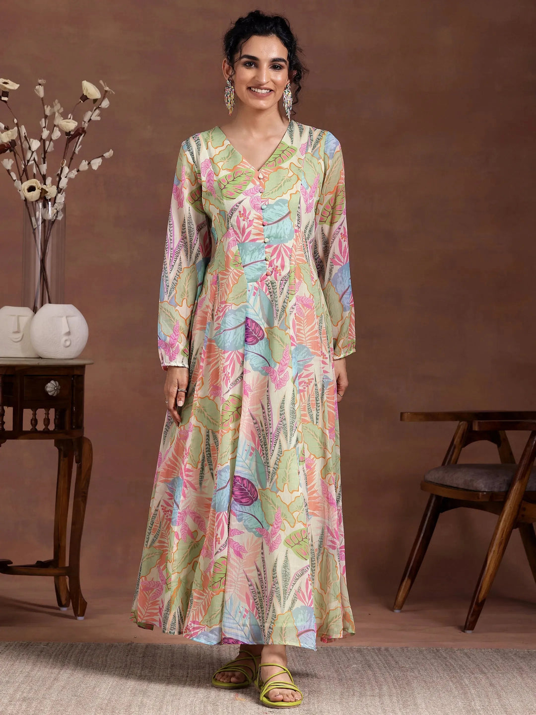  Green Printed Chiffon A-Line Dress 