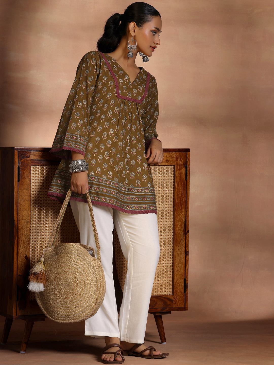  Libas Olive Printed Cotton A-Line Kurti 