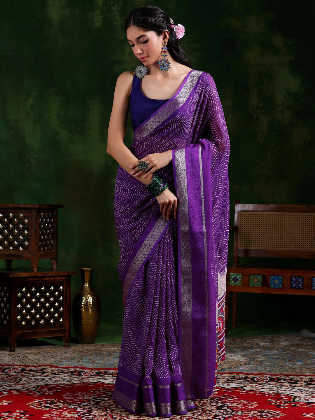 Purple Printed Silk Blend Saree With Unstitched Blouse Piece - Libas 