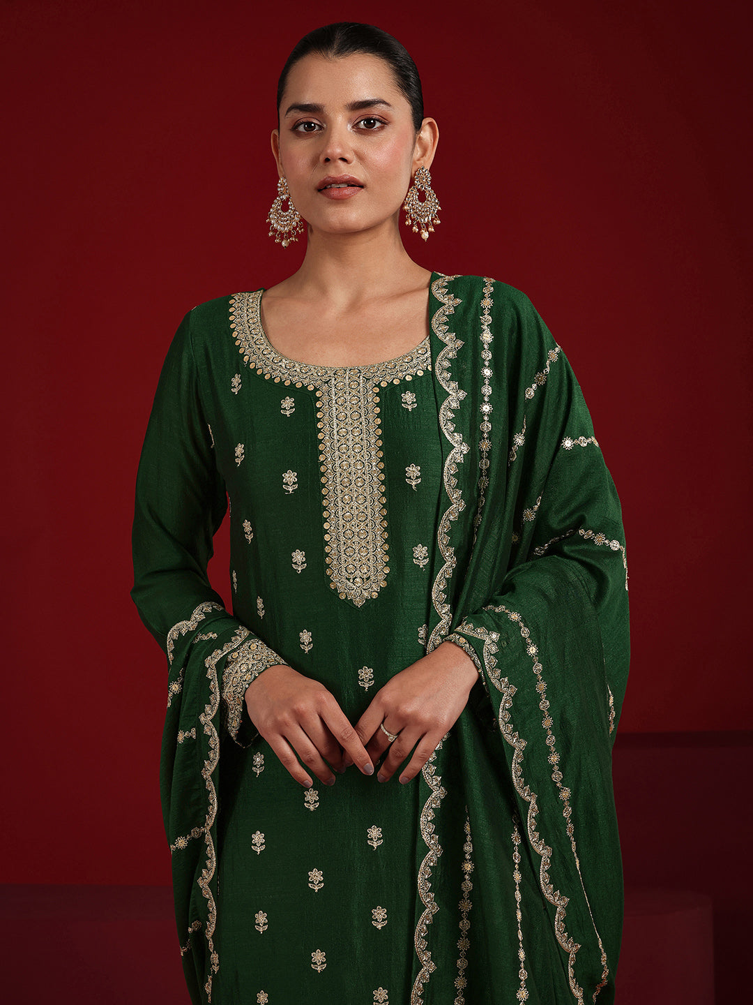  Libas Art Green Embroidered Silk Blend Straight Suit Set With Dupatta 