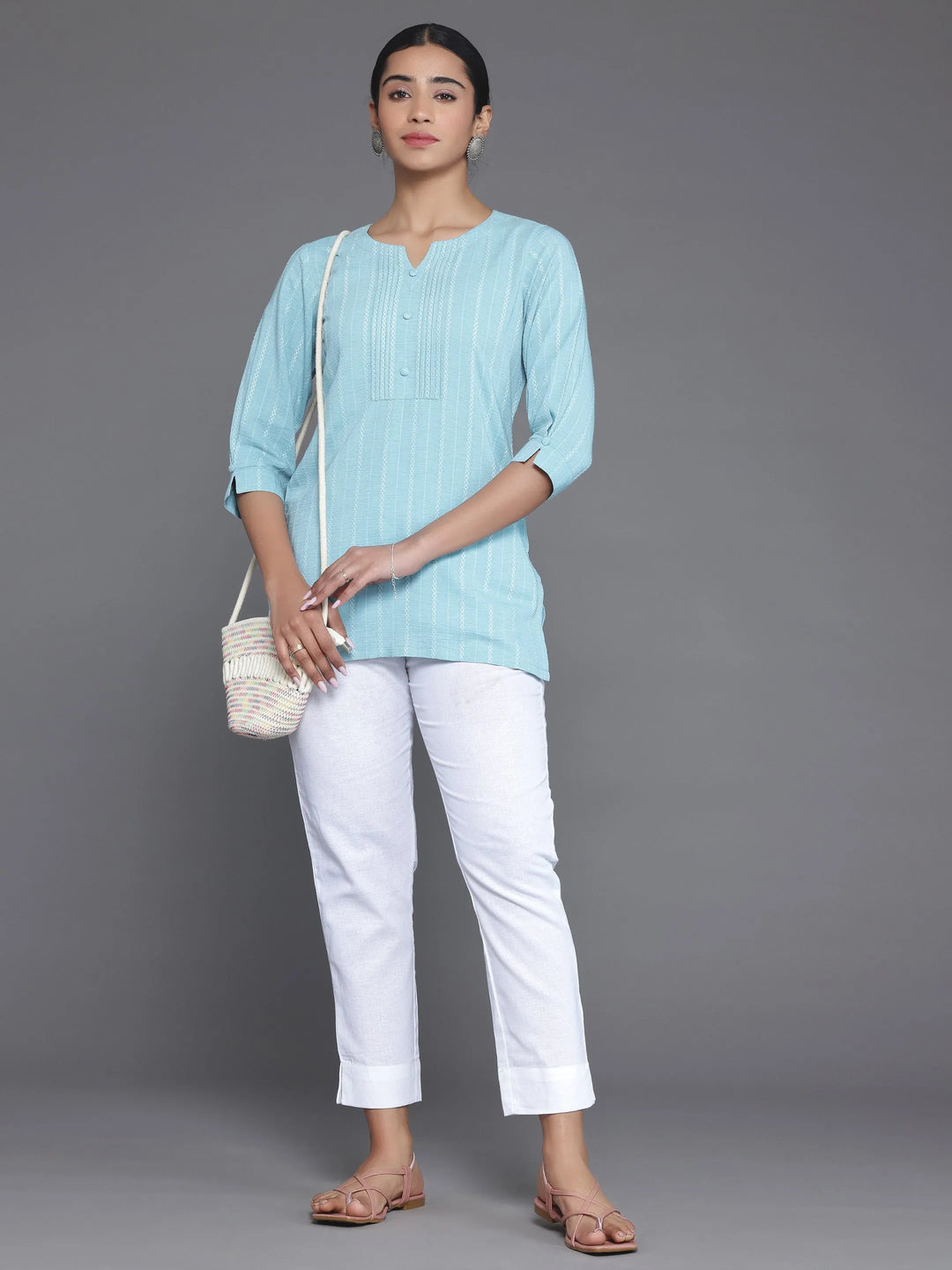  Blue Woven Design Cotton Blend Straight Kurti 