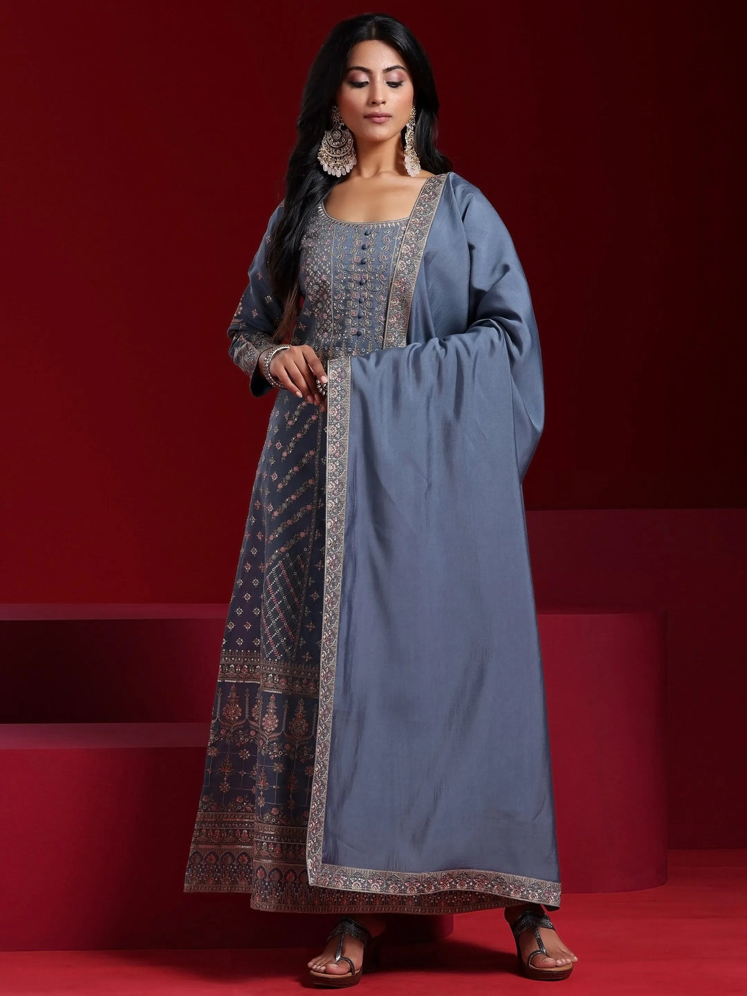  Libas Art Blue Embroidered Silk Blend A-Line Kurta With Trousers & Dupatta 