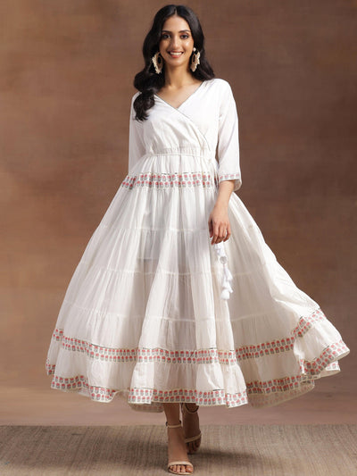 White Printed Cotton Maxi Dress - Libas