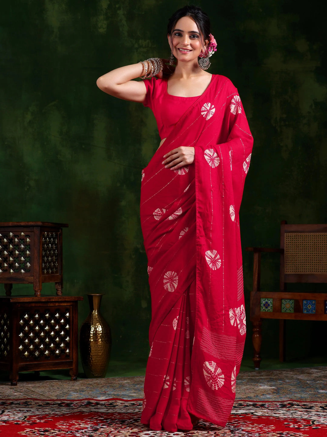 Red Printed Poly Chiffon Saree With Unstitched Blouse Piece - Libas 