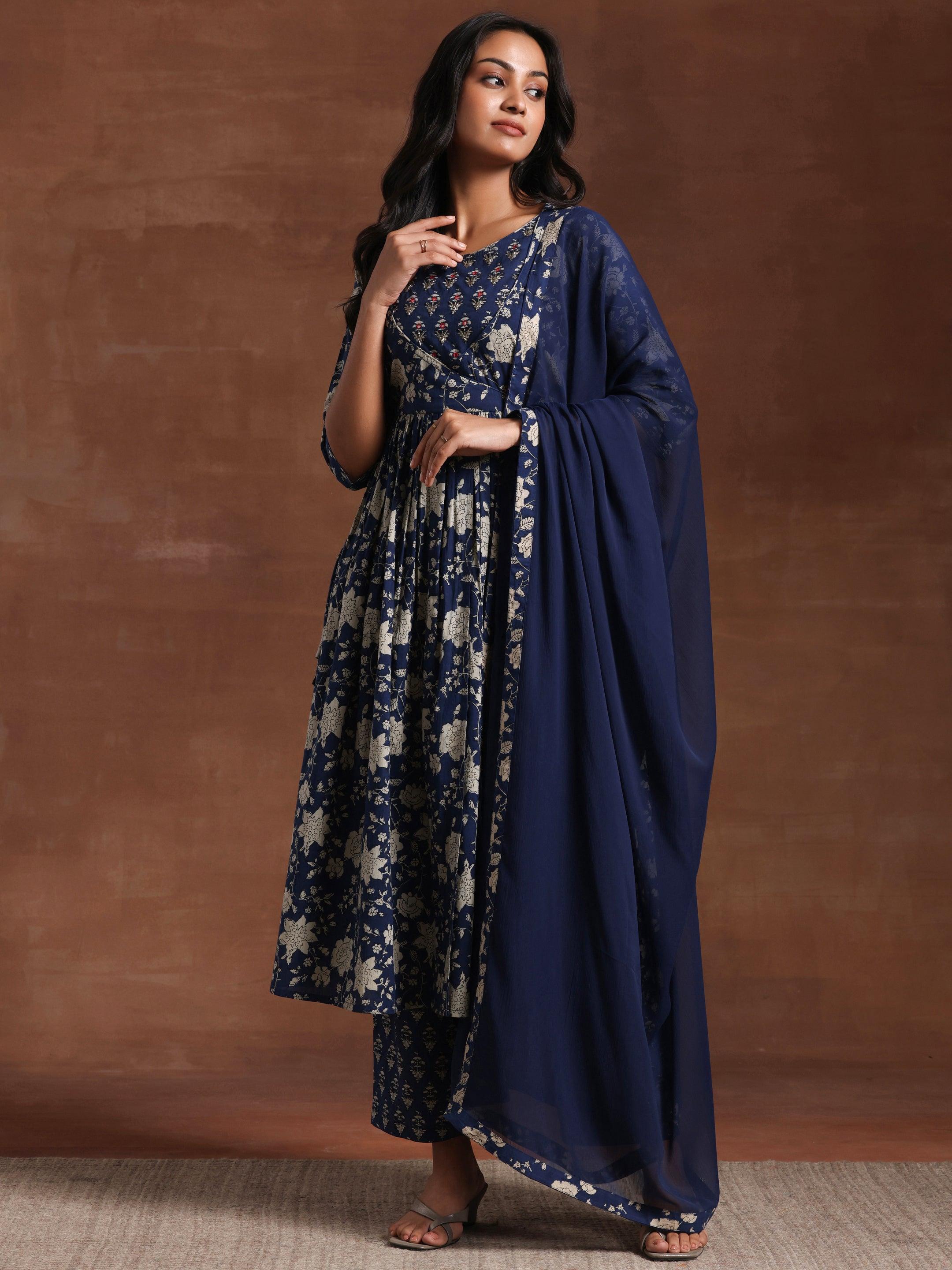 Blue Printed Pure Cotton Anarkali Suit With Dupatta