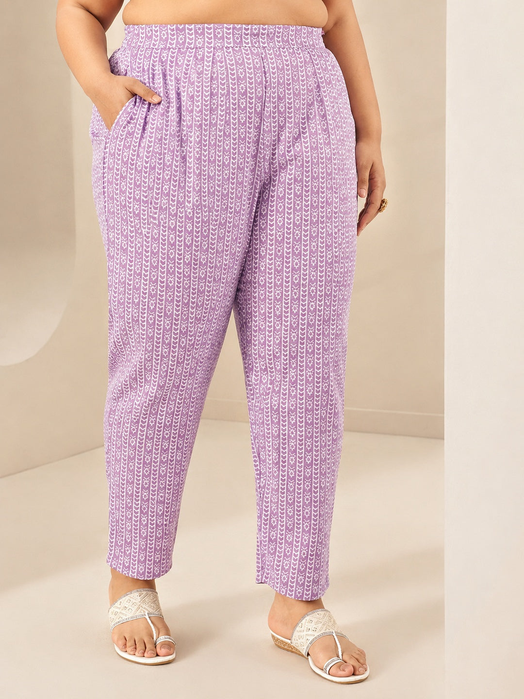  Plus Size Mauve Floral Printed Cotton Blend Straight Suit Set 