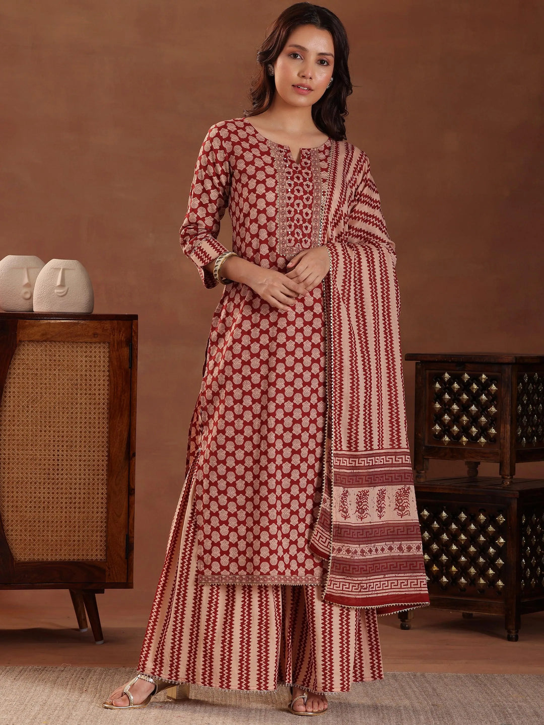 Maroon Printed Cotton Straight Suit With Dupatta - Libas 