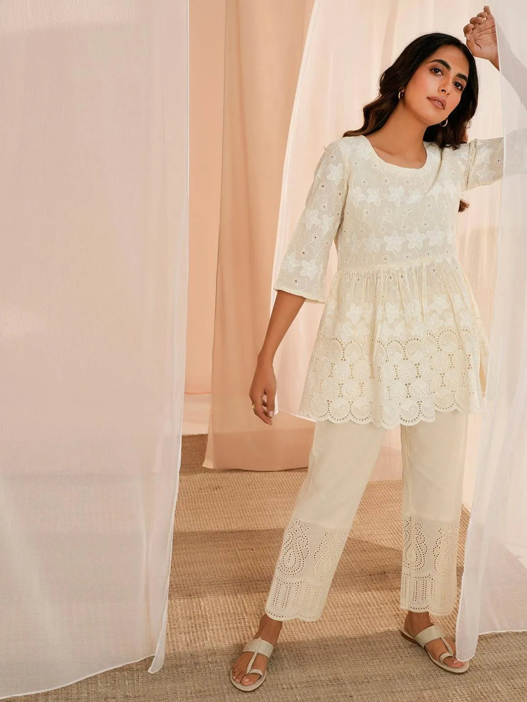Zoya Off White Embroidered Cotton A-Line Kurti - Libas 