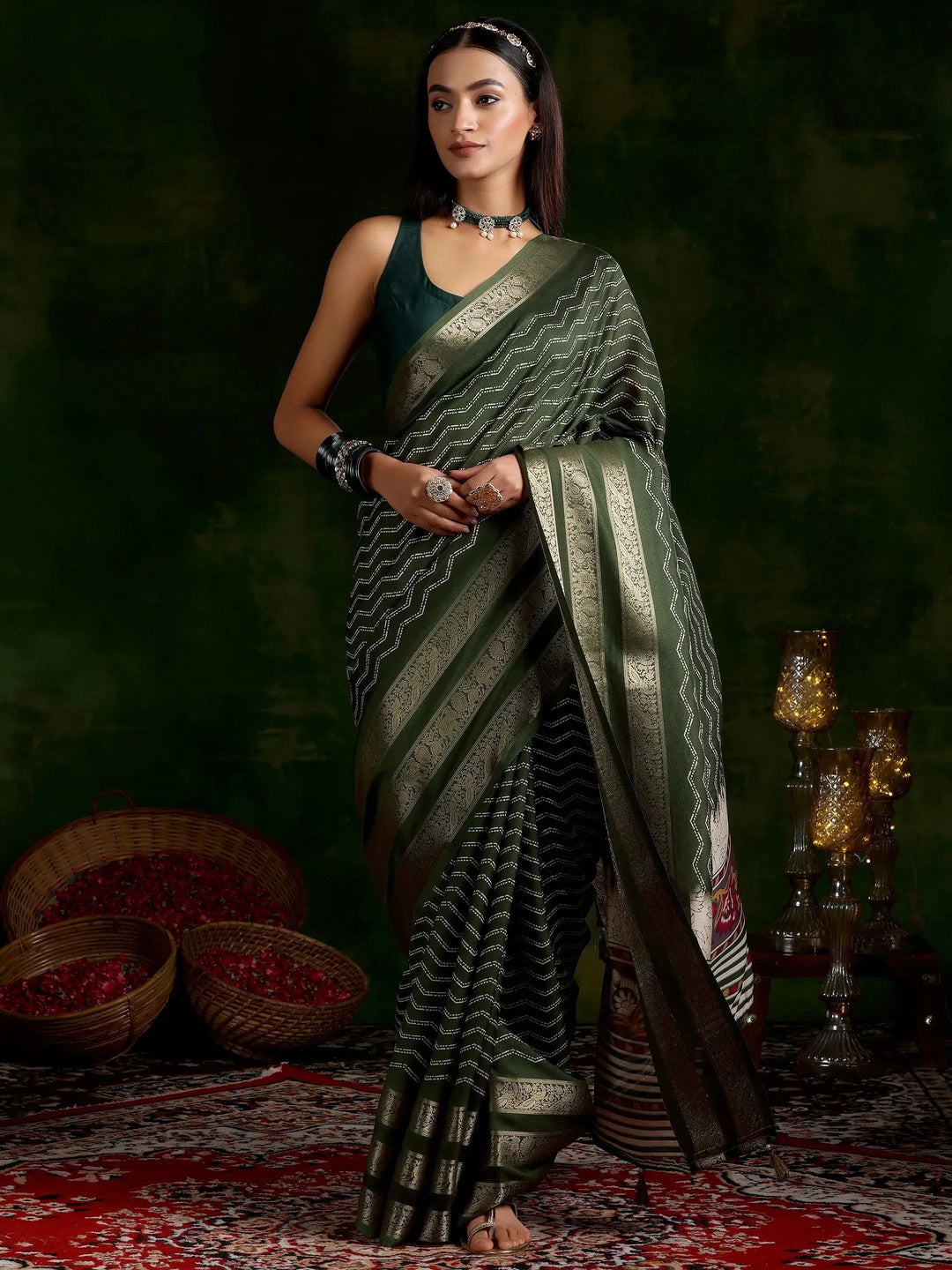  Olive Printed Silk Blend Saree With Unstitched Blouse Piece 
