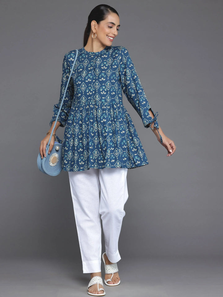 Blue Printed Rayon A-Line Kurti - Libas