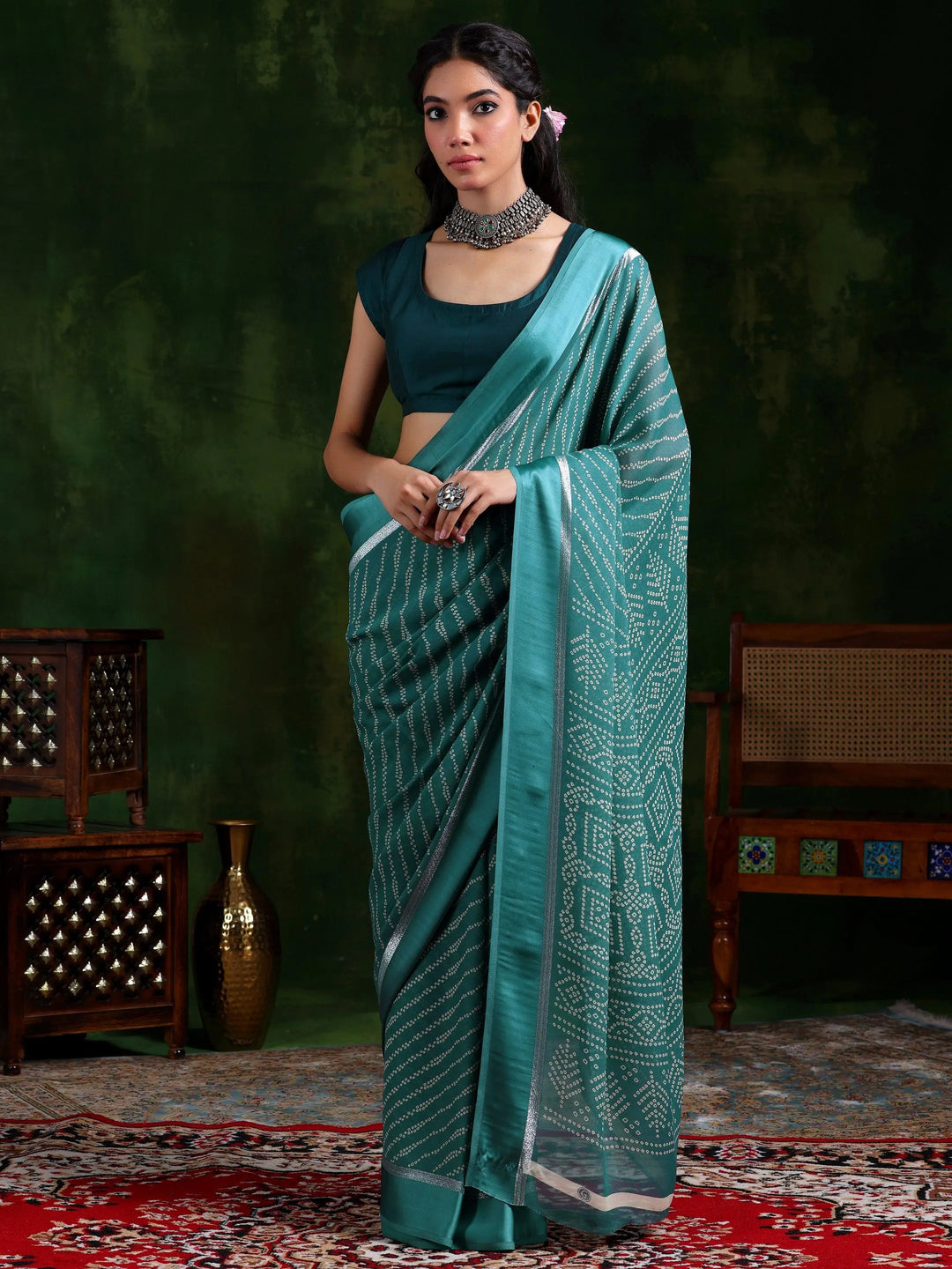 Green Printed Satin Saree With Unstitched Blouse Piece - Libas 