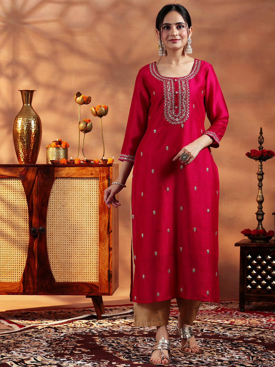 Red Embroidered Silk Straight Kurta 