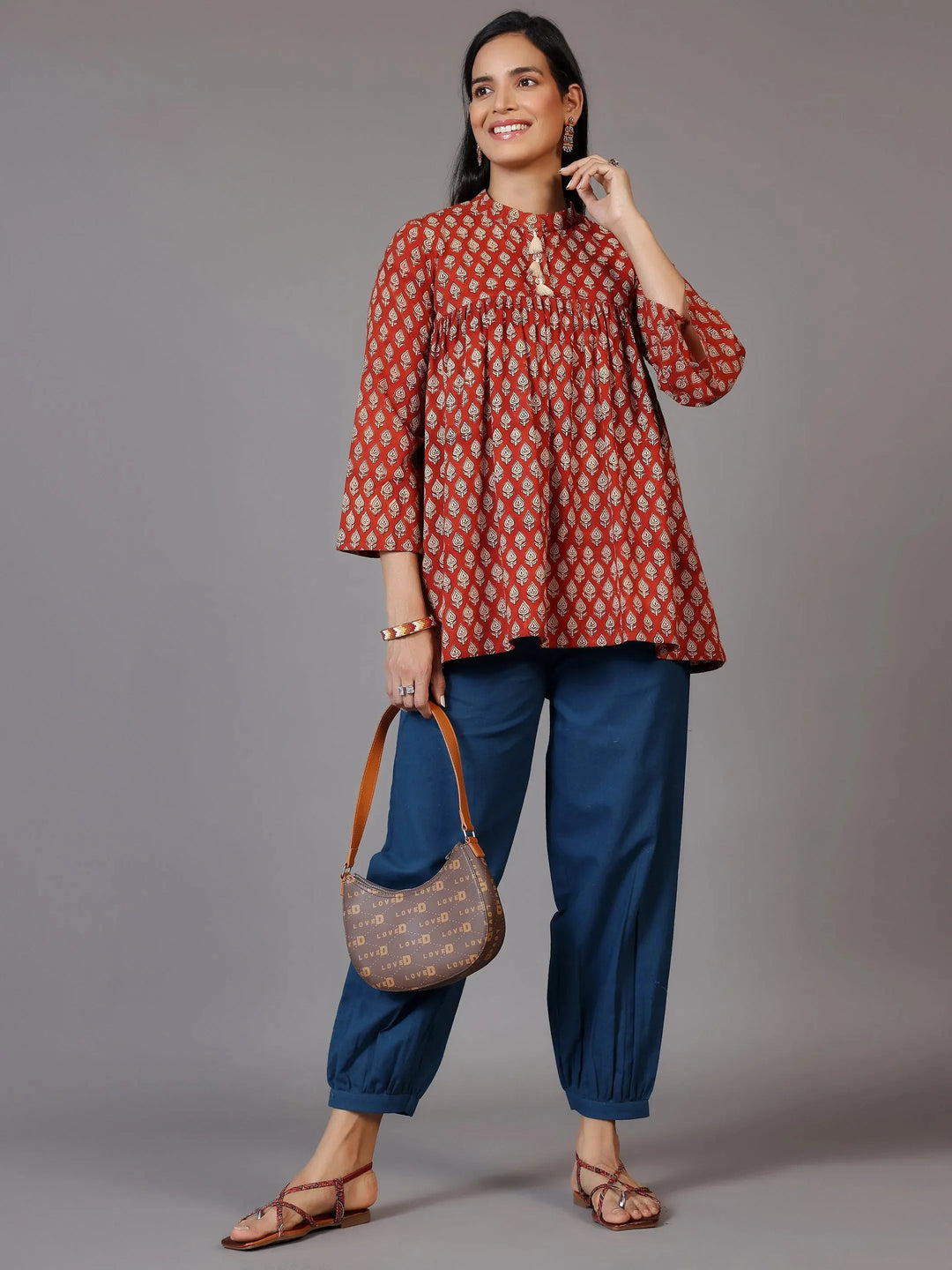  Rust Printed Cotton A-Line Kurti 