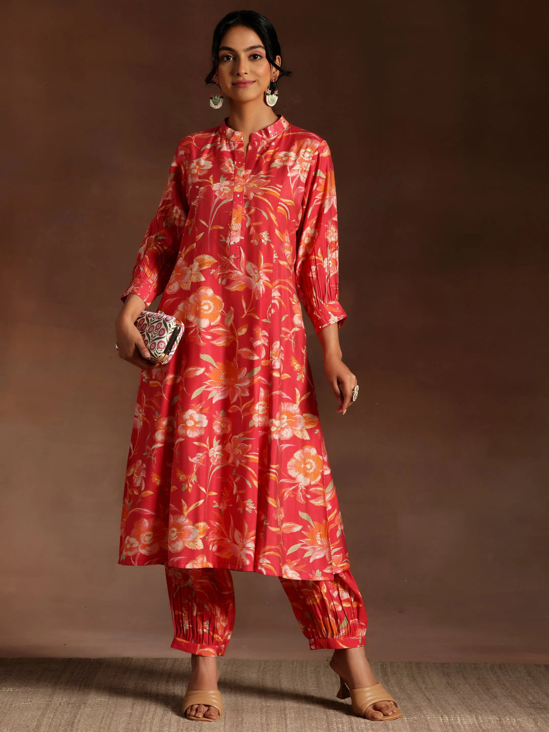  Coral Printed Silk Blend Co-Ords 