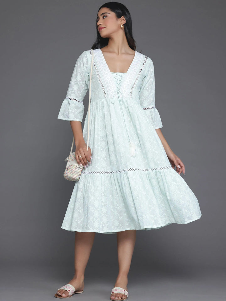 Sea Green Embroidered Cotton Fit and Flare Dress - Libas