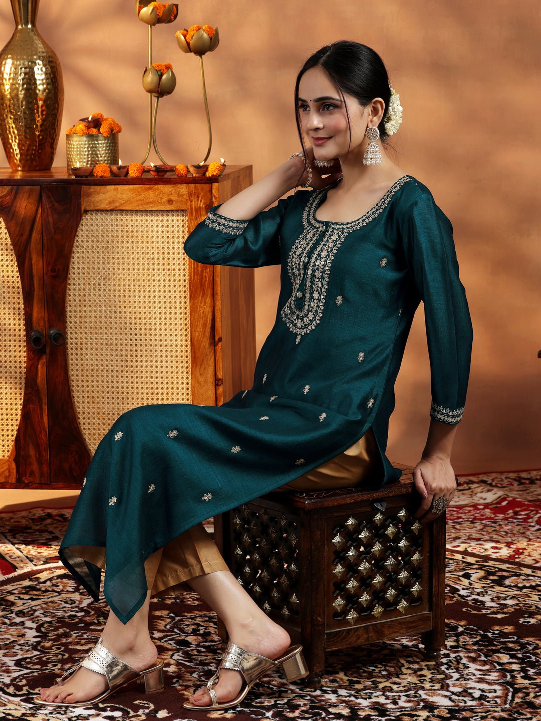 Libas Teal Embroidered Silk Straight Kurta 