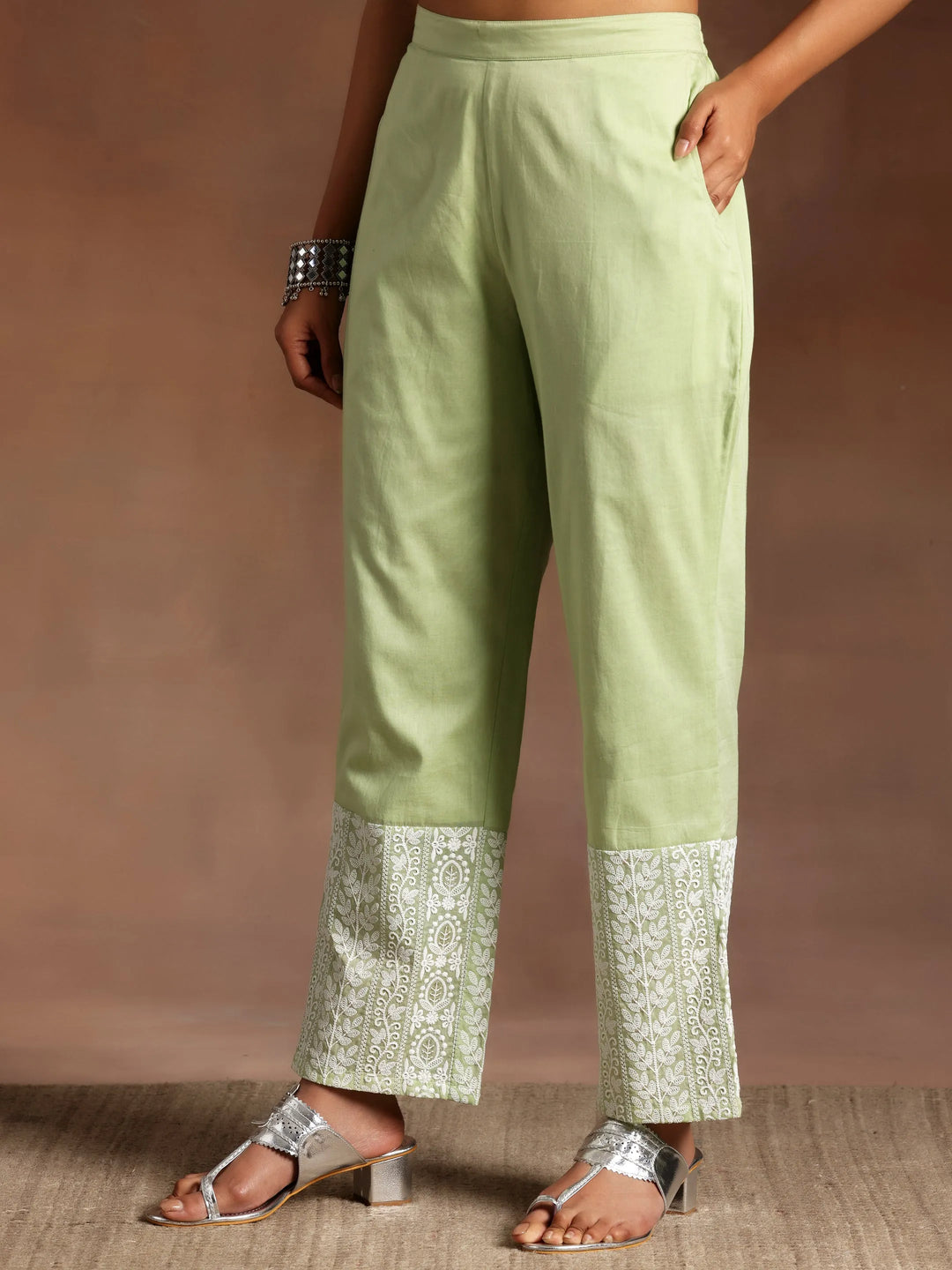  Green Embroidered Cotton A-Line Kurta With Palazzos & Dupatta 
