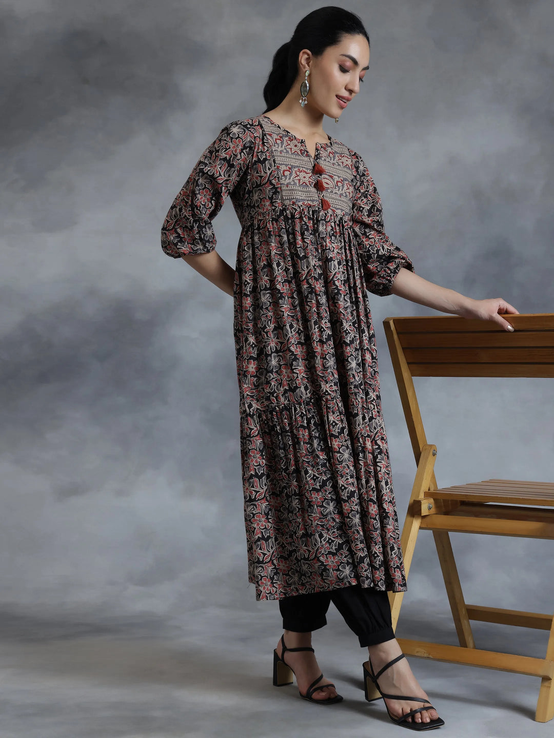  Black Printed Cotton A-Line Dress 