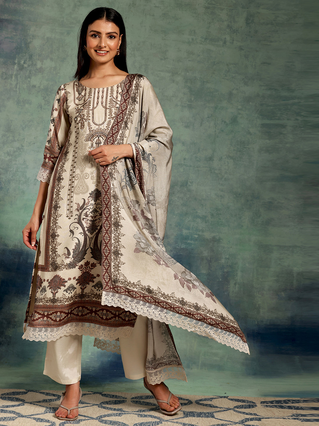  Ivory Printed Silk Blend Straight Suit Set With Dupatta 