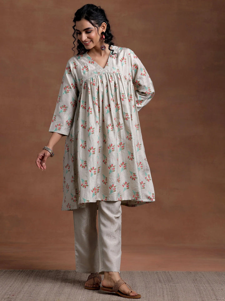 Grey Printed Silk Blend A-Line Kurta With Trousers - Libas