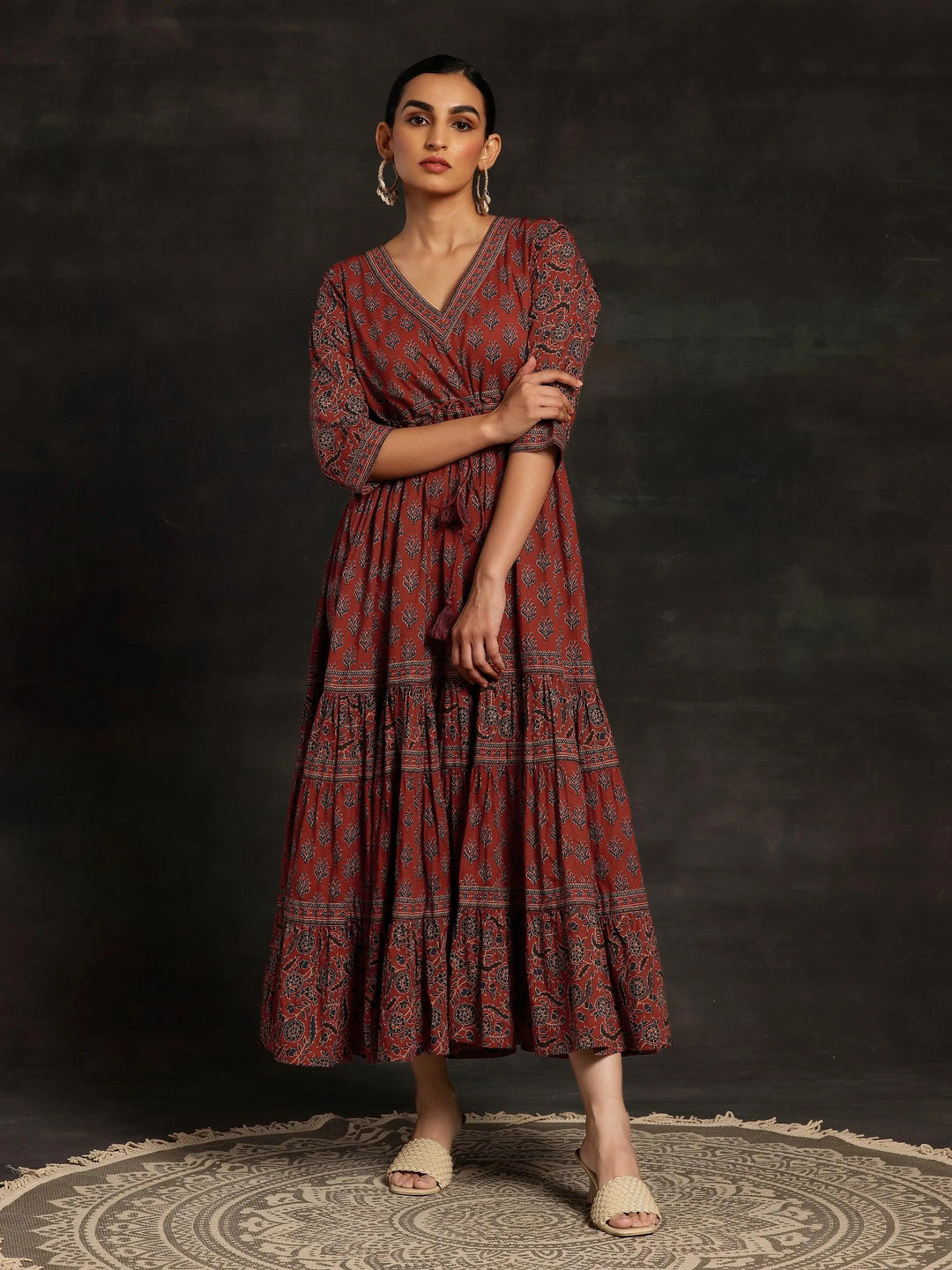 Maroon Printed Cotton A-Line Dress - Libas 