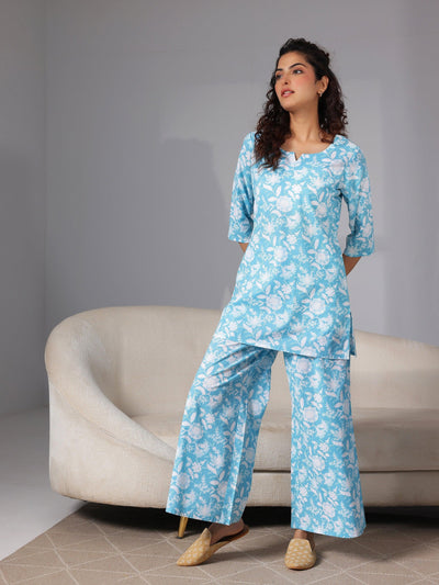 Blue Printed Cotton Night Suits - Libas