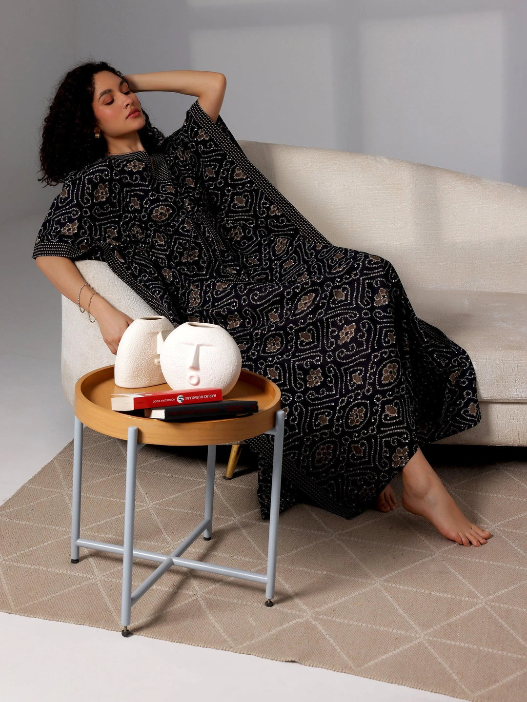 Black Printed Cotton Kaftan Night Dress - Libas 