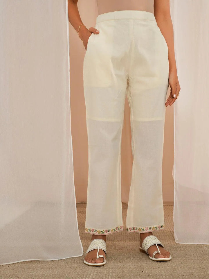 Off White Yoke Design Cotton A-Line Kurta With Palazzos & Dupatta - Libas