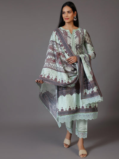 Green Printed Silk Blend Straight Suit With Dupatta - Libas
