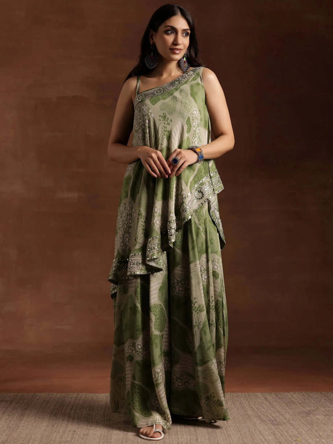  Green Printed Silk Blend Co-Ords 