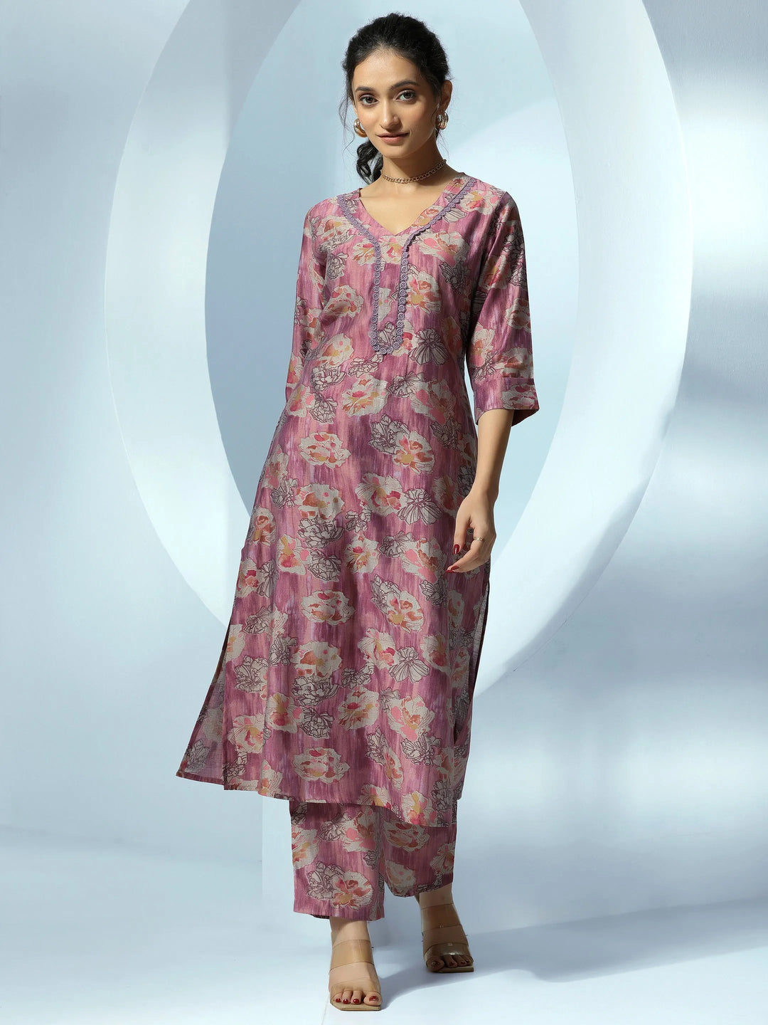  Mauve Printed Silk Blend Kurta Set 