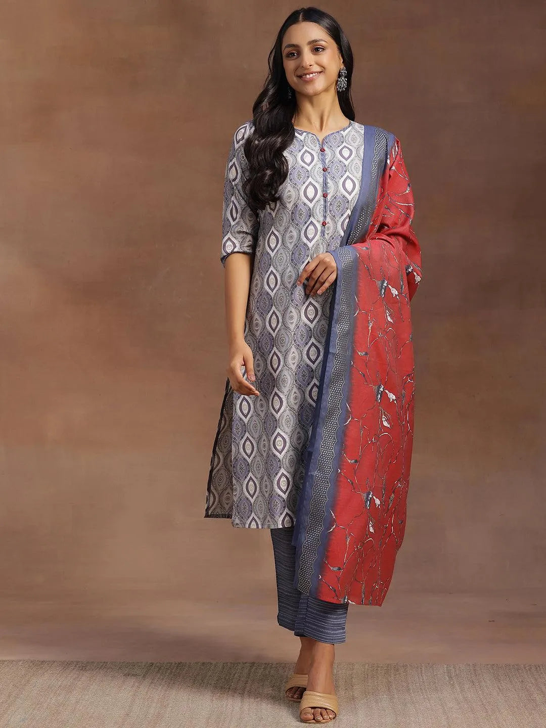  Grey Printed Silk Blend Straight Suit With Dupatta 
