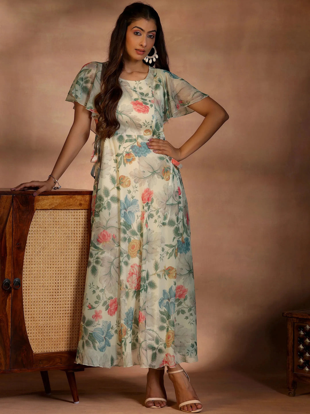 Off White Printed Polyester A-Line Dress 
