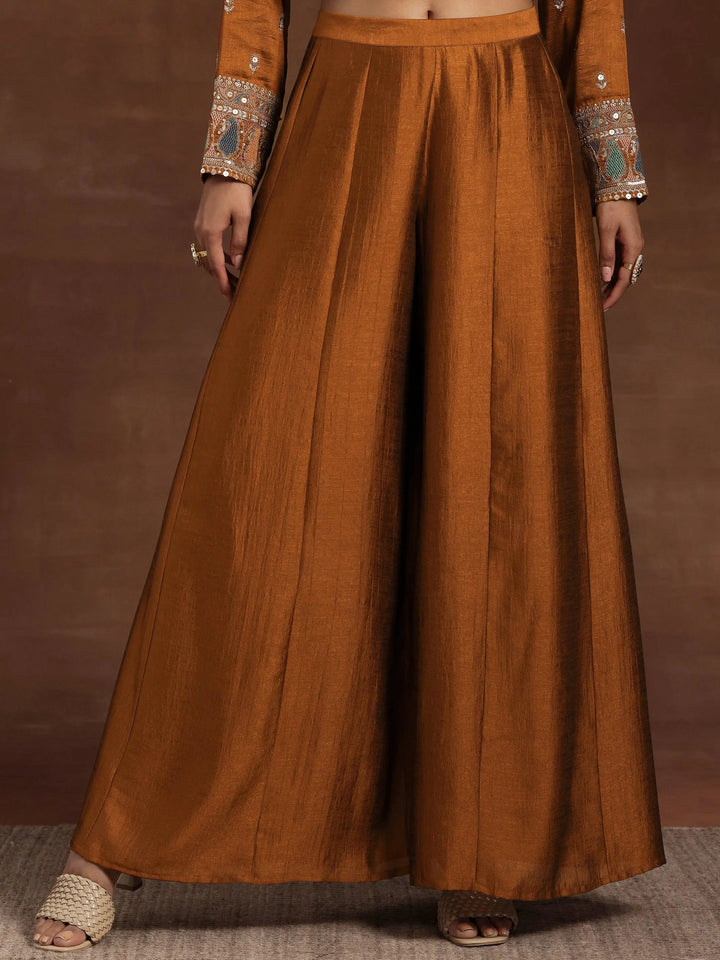 Rust Embroidered Silk Blend Straight Kurta With Palazzos & Dupatta - Libas
