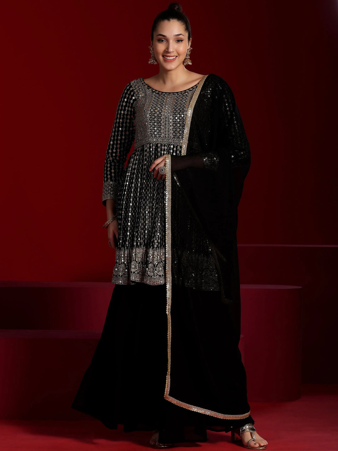 Libas Art Black Embroidered Georgette A-Line Kurta With Palazzos & Dupatta 