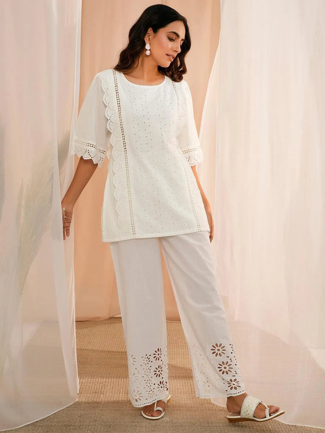 White Embroidered Cotton Straight Kurti - Libas 
