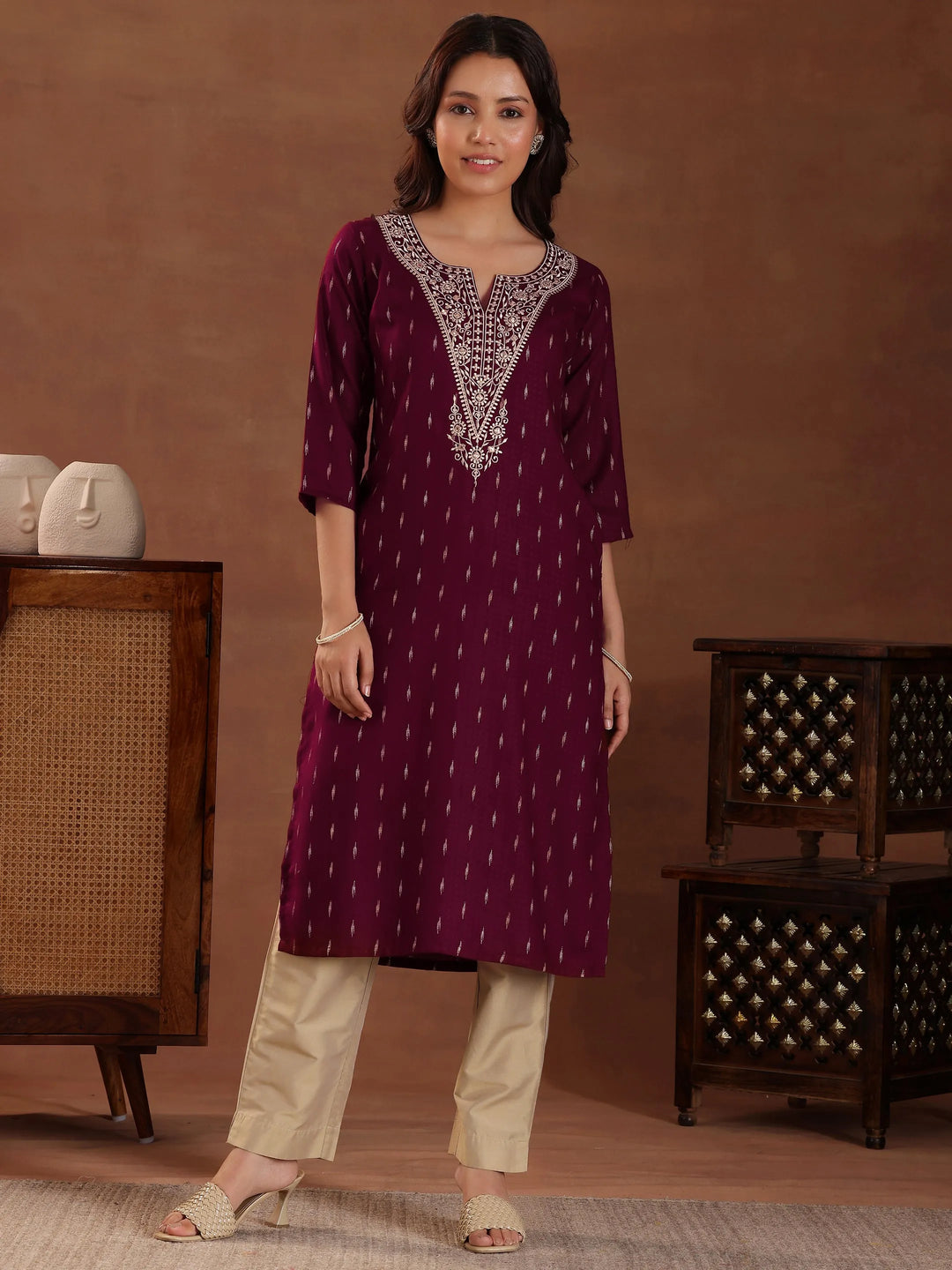  Maroon Woven Design Cotton Straight Kurta 