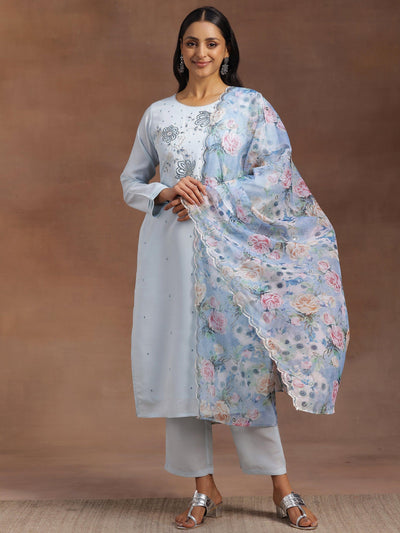 Blue Embroidered Silk Blend Straight Suit With Dupatta - Libas